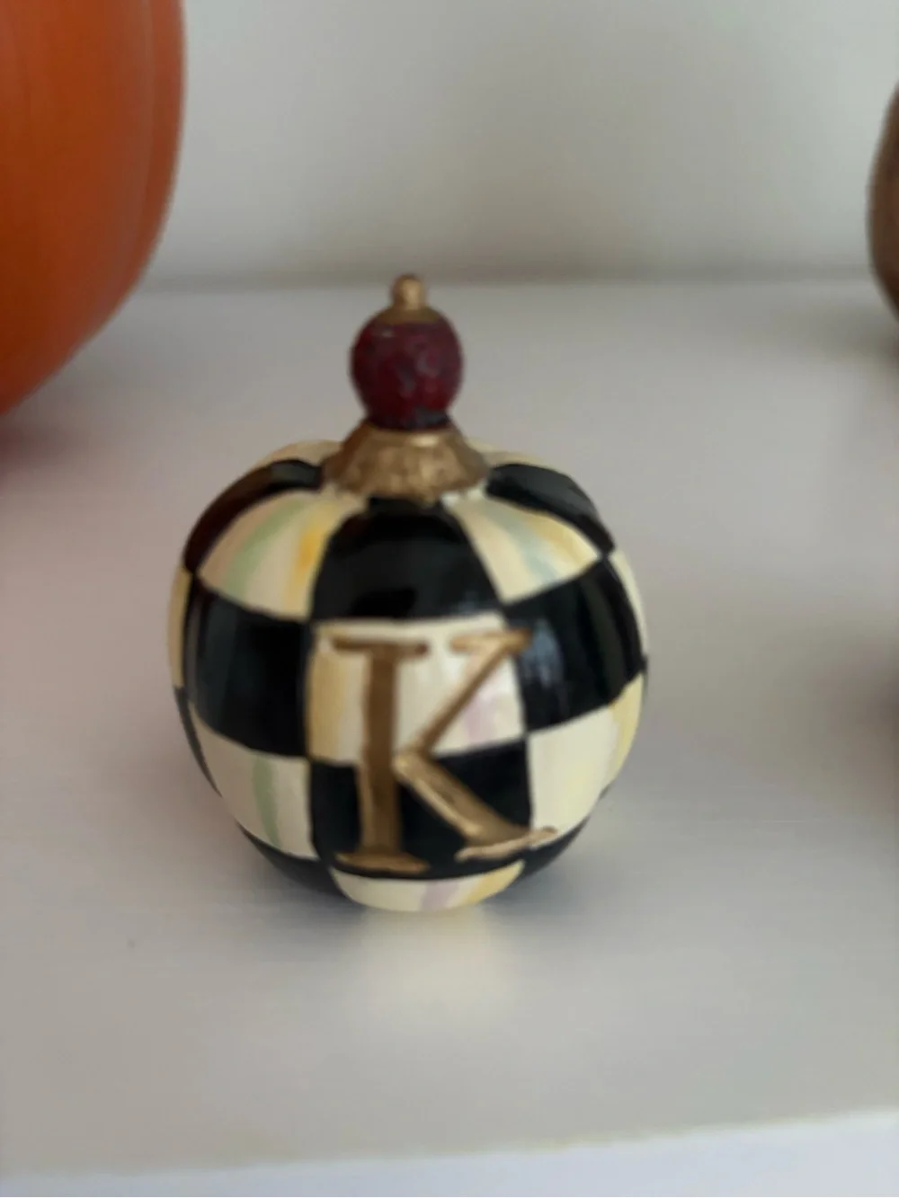 Mackenzie Childs spooky pumpkins black white checked striped euc box is included